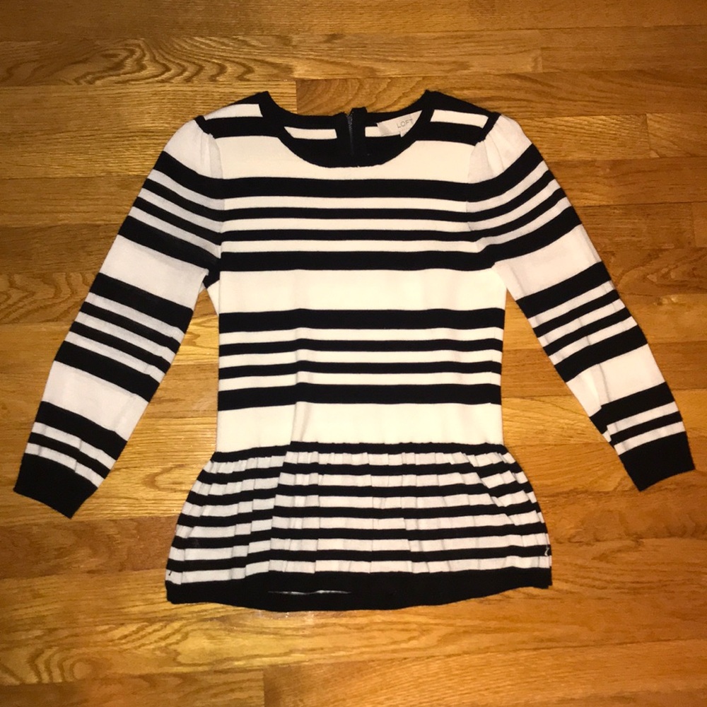 Loft black & cream-colored striped peplum sweater
